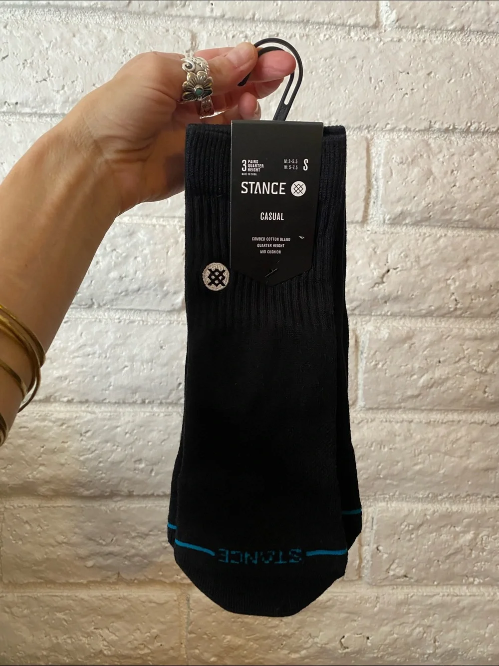 🌼 NWT Stance Casual Quarter Socks in Black with Teal Accent 3 pairs